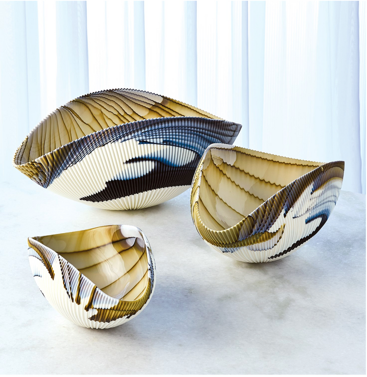 Pleated Bowl - Amber/Blue Filigree