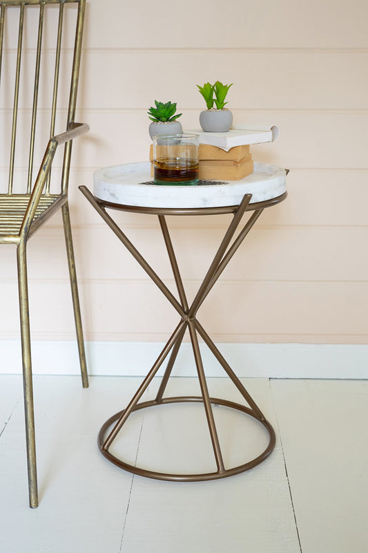 Iron Hour Glass Side Table w/Marble Top