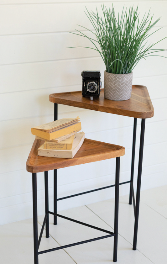 Acacia Wood Side Tables with Iron Bases S/2