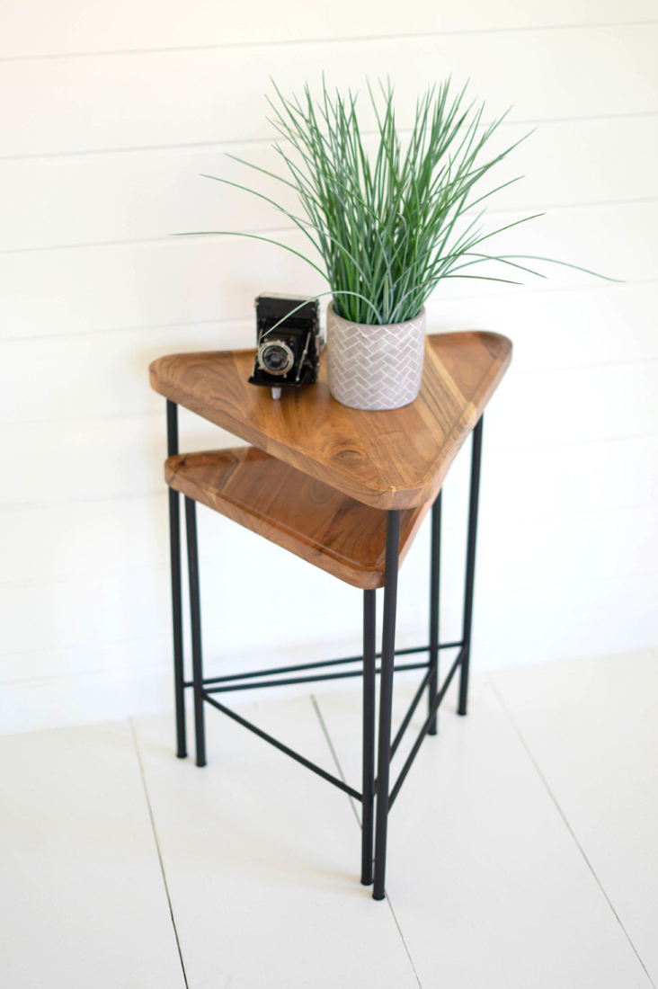 Acacia Wood Side Tables with Iron Bases S/2