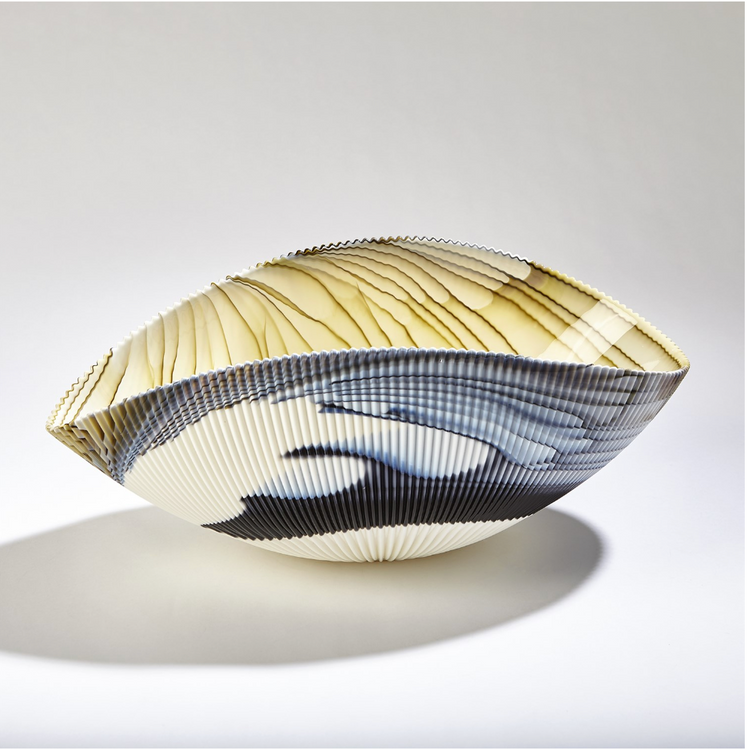 Pleated Bowl - Amber/Blue Filigree